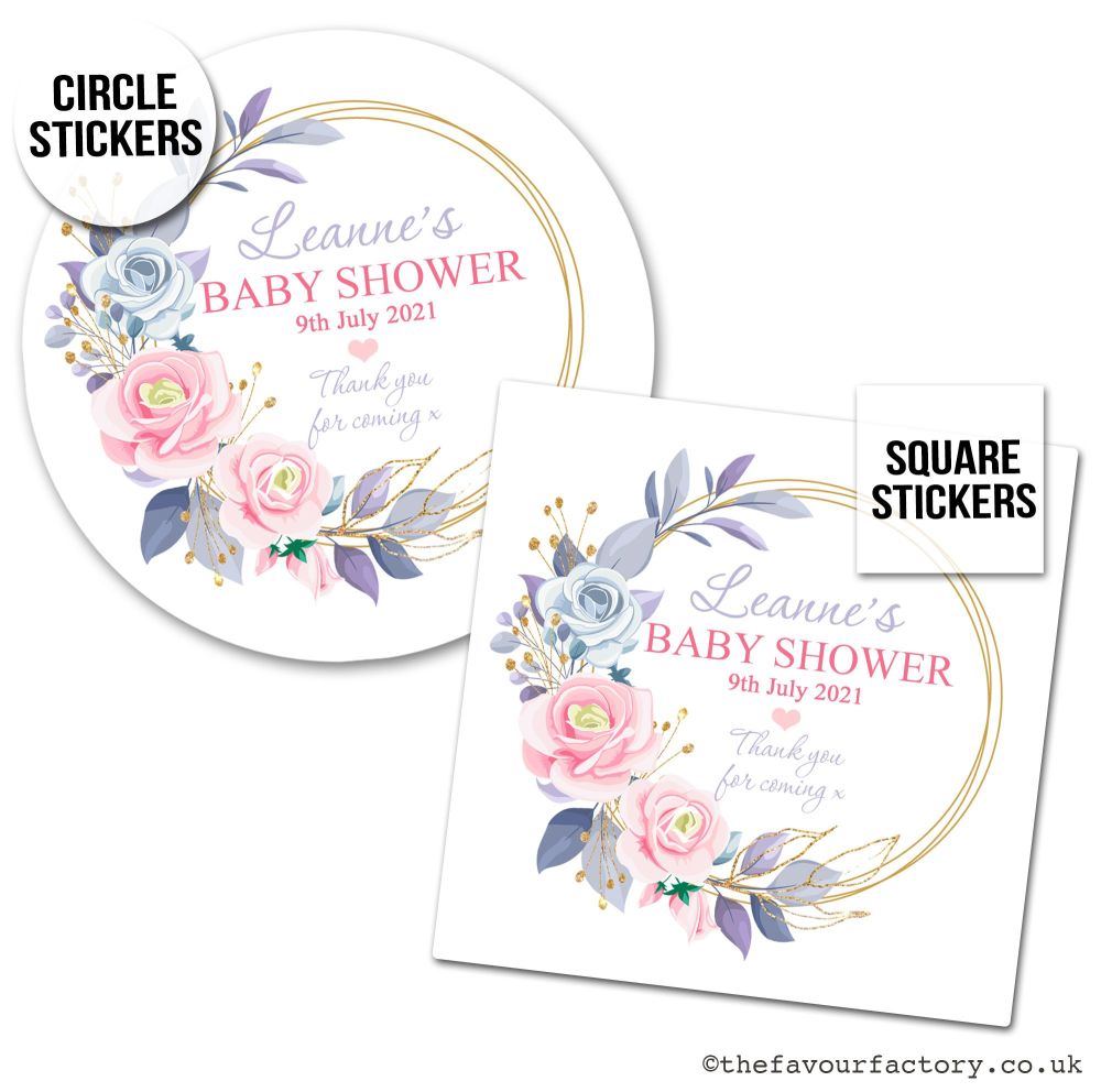 Baby Shower Stickers Pink Floral Gold Frame x1 A4 Sheet.