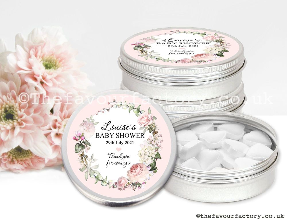 Baby Shower Favour Tins Vintage Floral Wreath x1