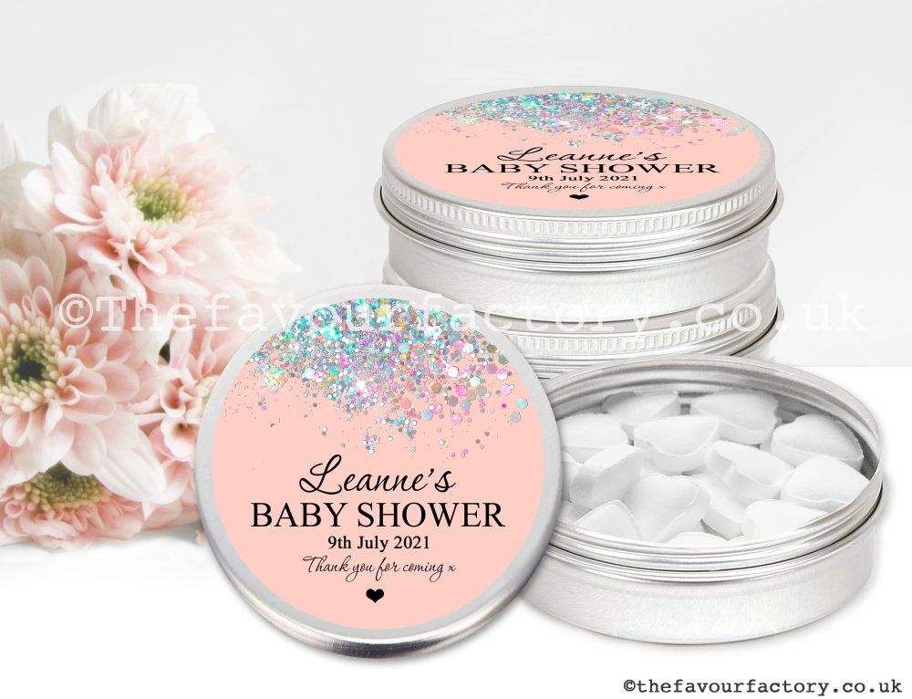 Baby Shower Favours Mint Tins Rose Gold Iridescent Glitter x1
