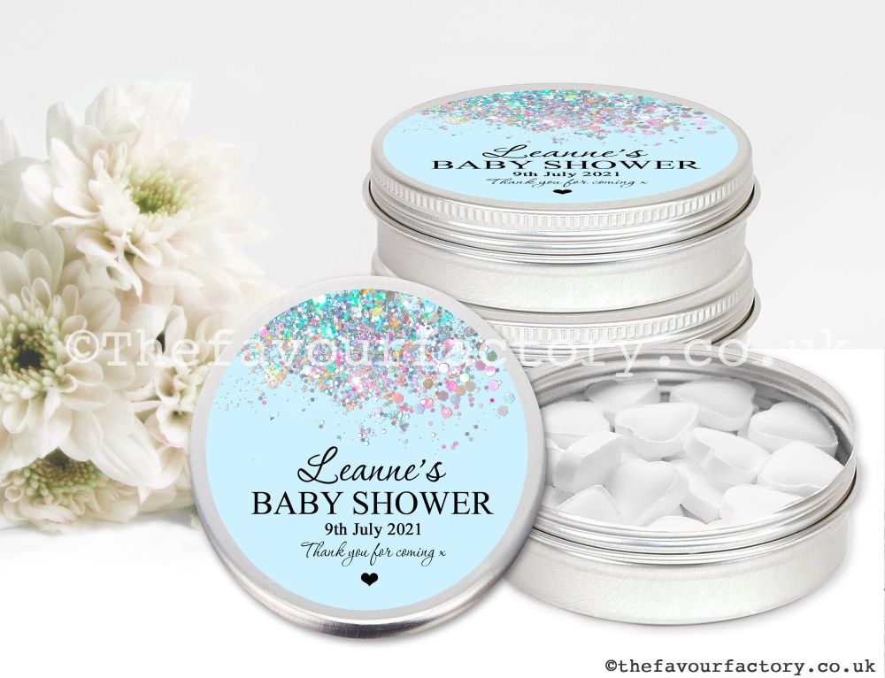 Baby Shower Favour Tins Blue Glitter Confetti x1