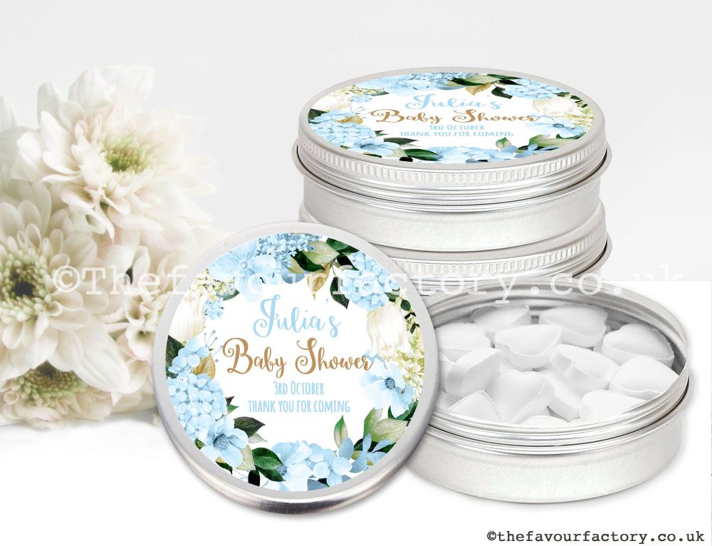 Baby Shower Favour Tins Blue Hydrangeas x1