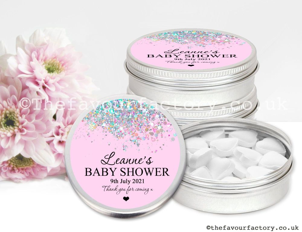 Baby Shower Favours Mint Tins Pink Glitter Confetti x1