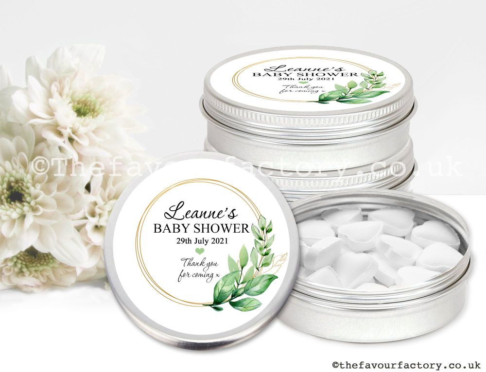 Baby Shower Favours Mint Tins Botanical Gold Frame x1