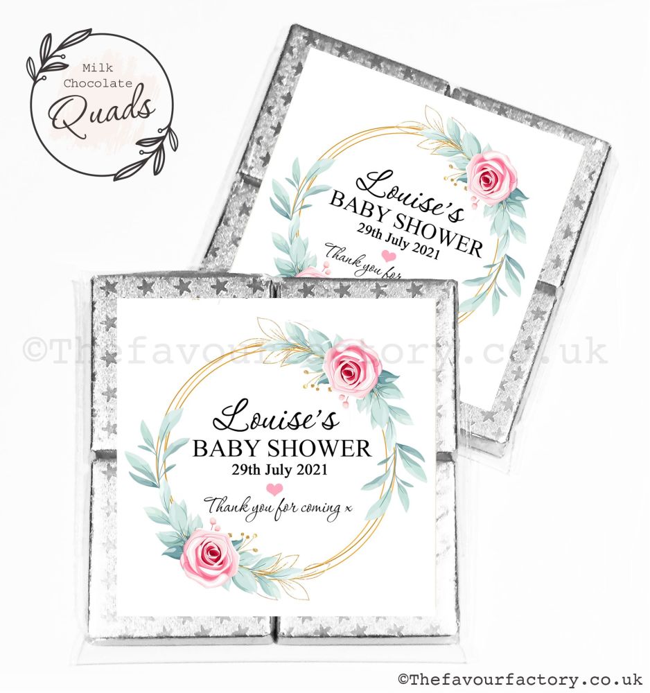 Baby Shower Chocolate Quads Favours Pink Roses Gold Frame x1