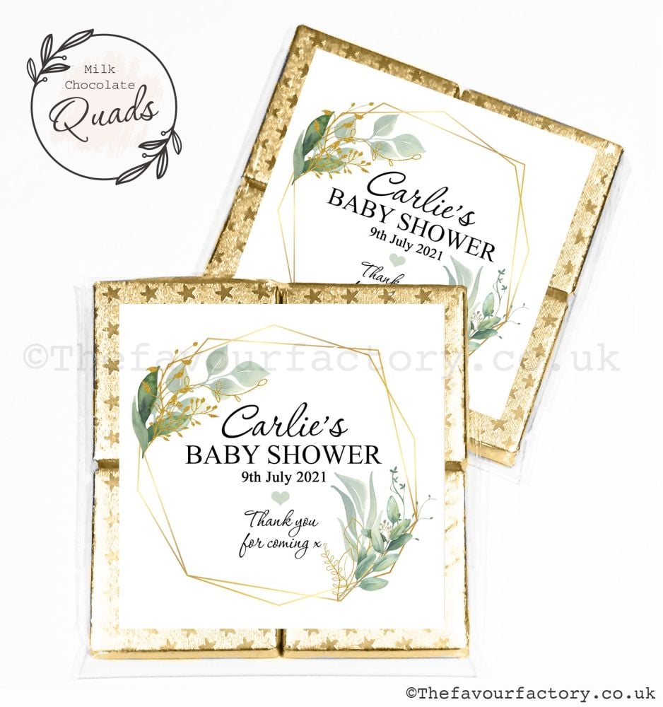 Baby Shower Chocolate Quads Favours Botanical Gold Leaf x1