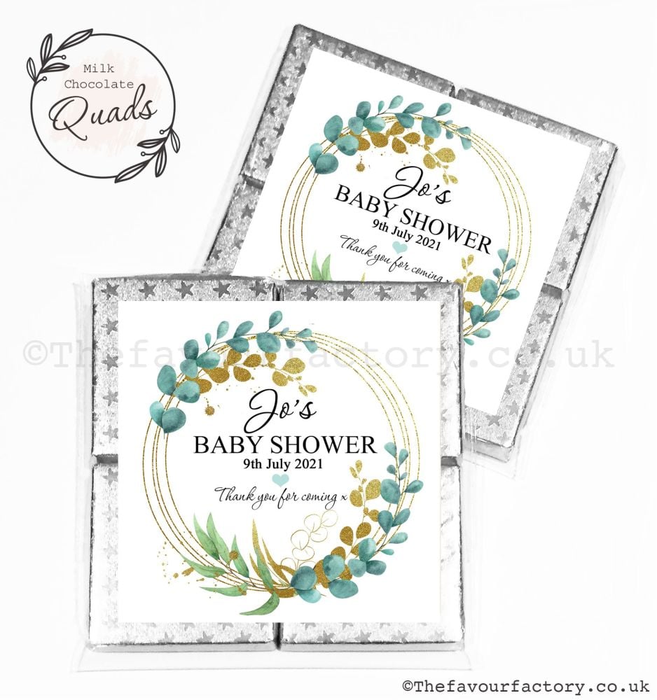 Baby Shower Chocolate Quads Favours Eucalyptus Gold Leaf x1