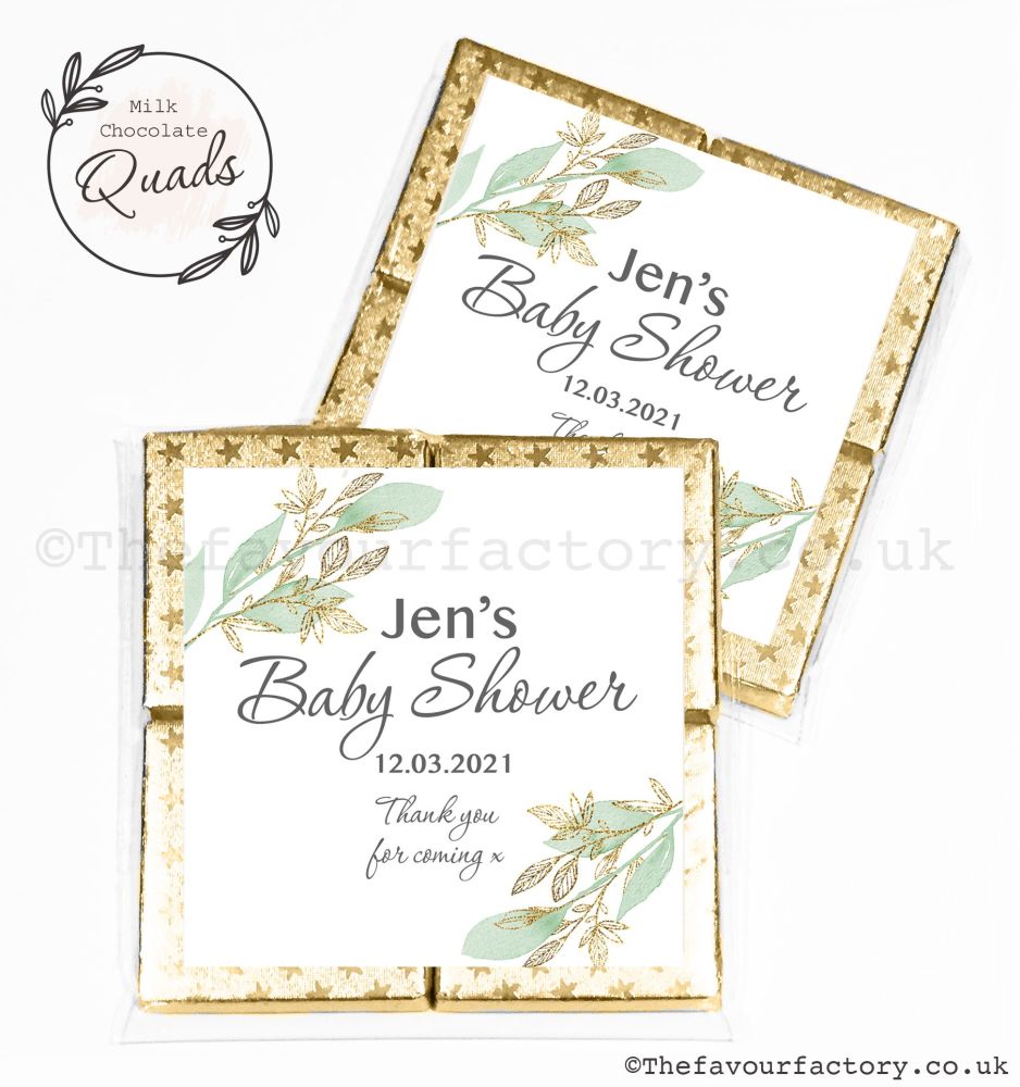 Baby Shower Chocolate Quads Favours Botanical Gold Leaf x1