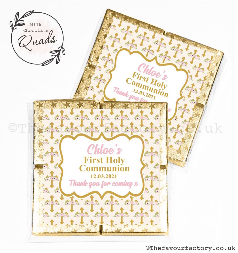 Communion Chocolate Quads Favours Pink Floral Crosses x1