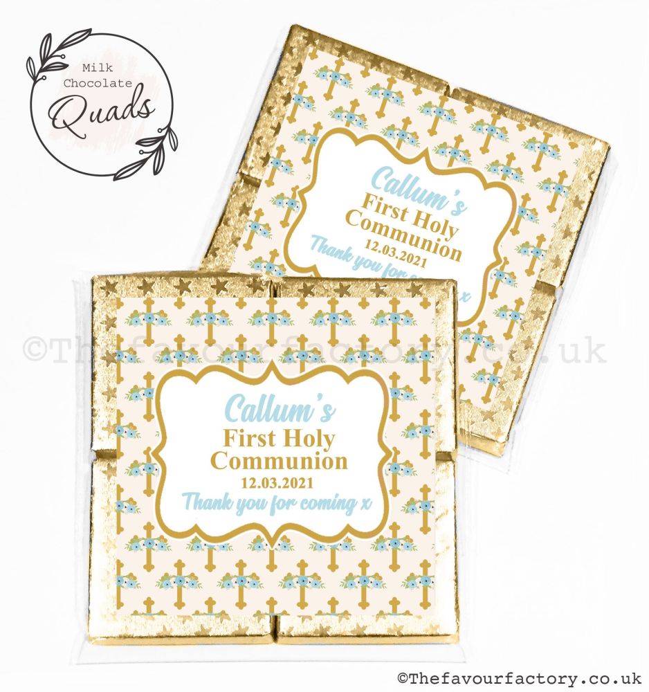 Communion Chocolate Quads Favours Blue Floral Crosses x1