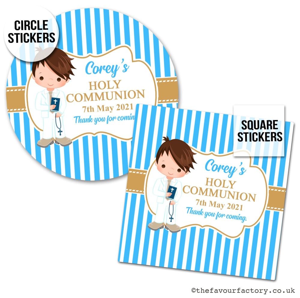 Communion Stickers Personalised Brown Hair Boy x1 A4 Sheet.