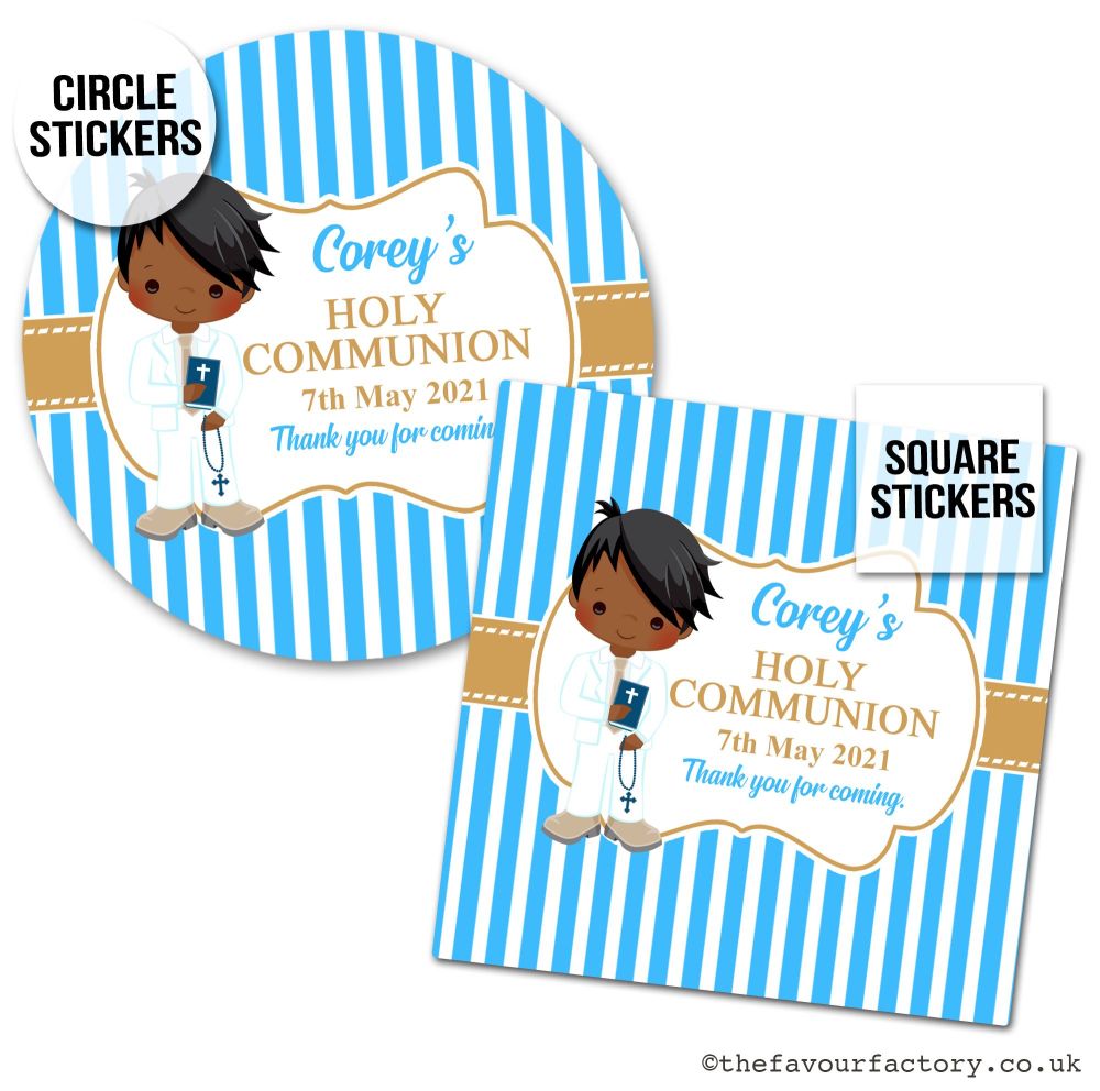 Communion Stickers Personalised Black Boy x1 A4 Sheet.