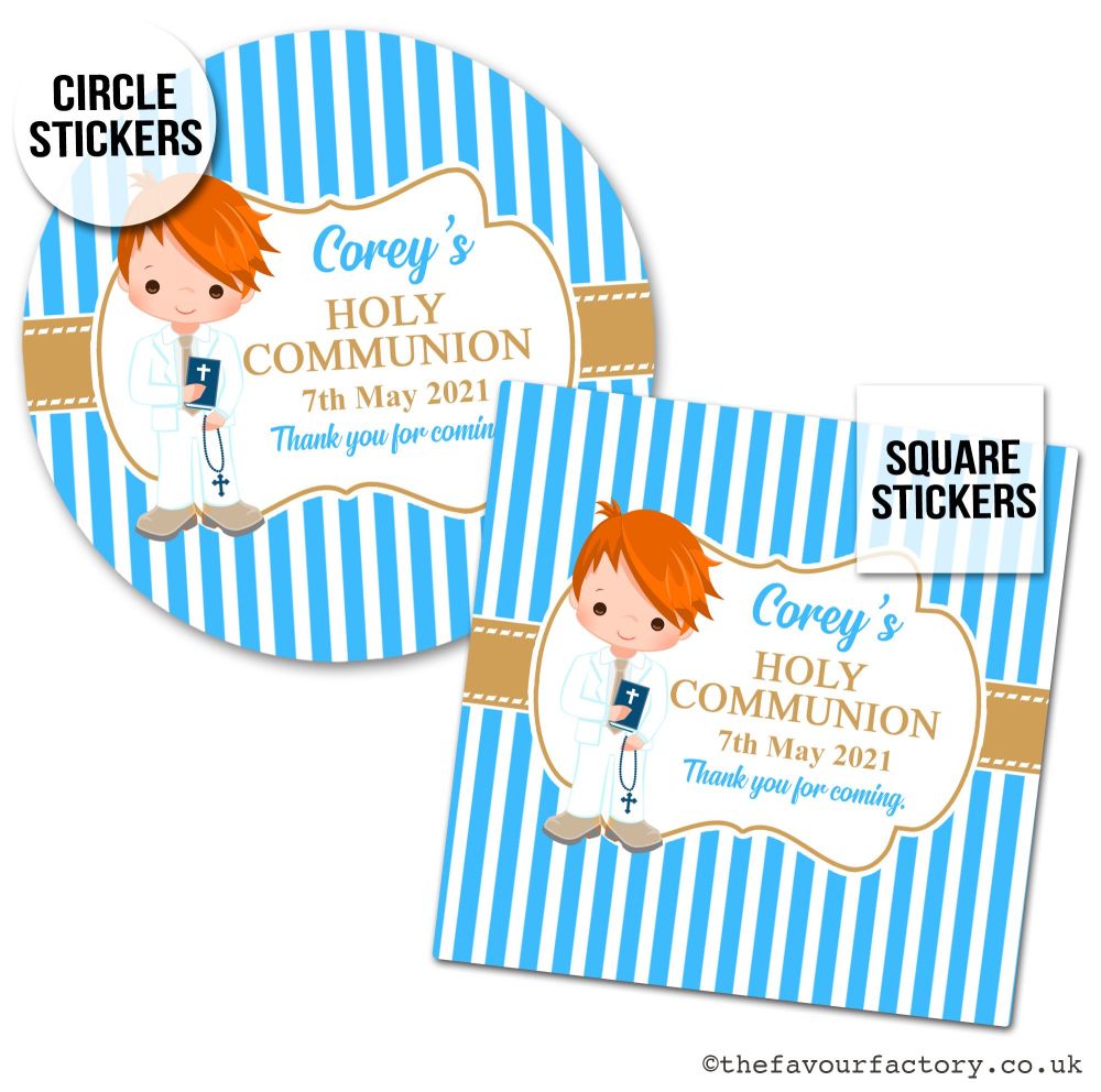 Communion Stickers Personalised Ginger Hair Boy x1 A4 Sheet.