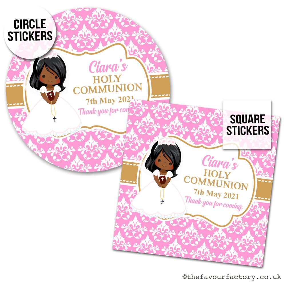 Communion Stickers Personalised Black Girl x1 A4 Sheet.