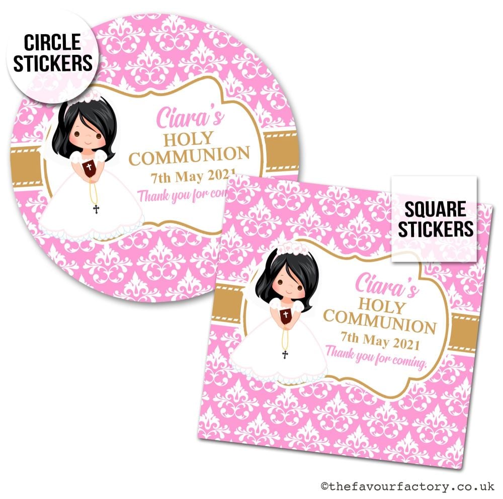 Communion Stickers Personalised Black Hair Girl x1 A4 Sheet.