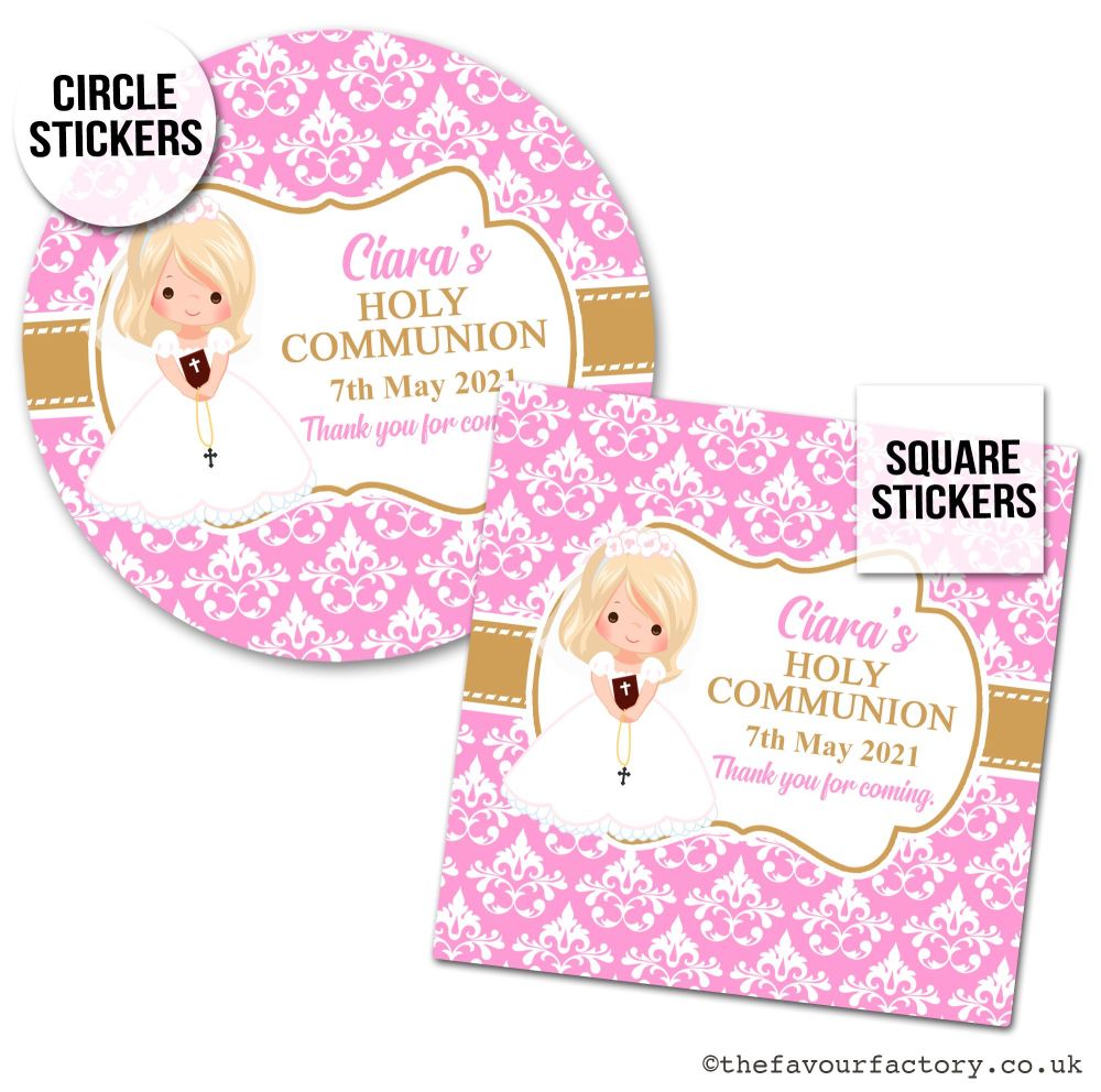 Communion Stickers Personalised Blonde Hair Girl x1 A4 Sheet.