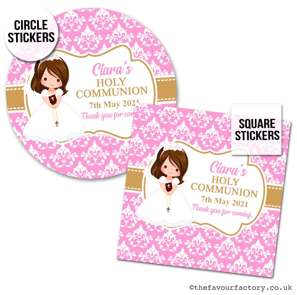 Communion Stickers Personalised Brown Hair Girl x1 A4 Sheet.