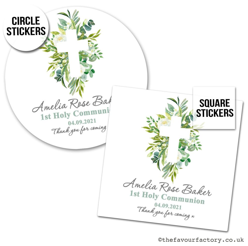 Communion Stickers Personalised Botanical Cross x1 A4 Sheet.