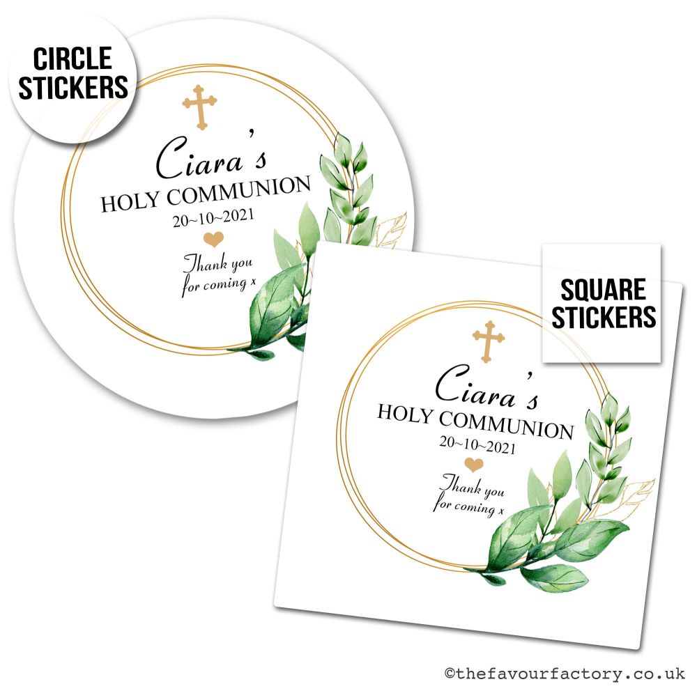 Communion Stickers Personalised Botanical Gold Frame x1 A4 Sheet.