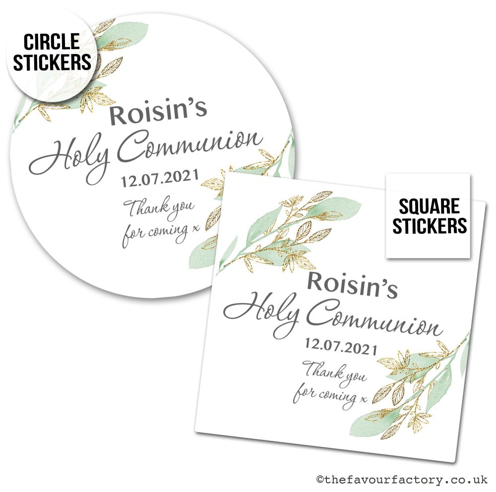 Communion Stickers Personalised Botanical Gold Leaf x1 A4 Sheet.