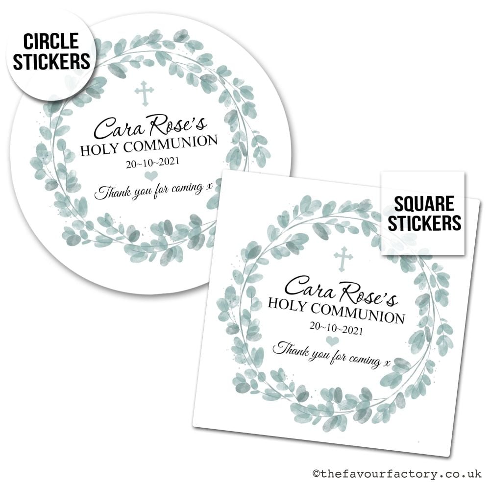 Communion Stickers Personalised Eucalyptus Wreath x1 A4 Sheet.