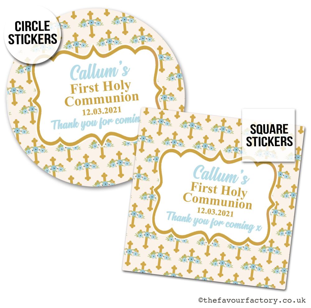 Communion Stickers Personalised Blue Floral Crosses x1 A4 Sheet.