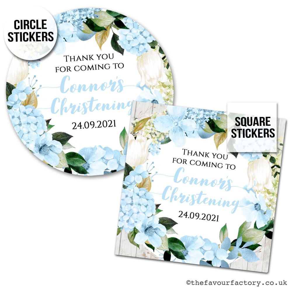 Personalised Christening Stickers Blue Hydrangeas