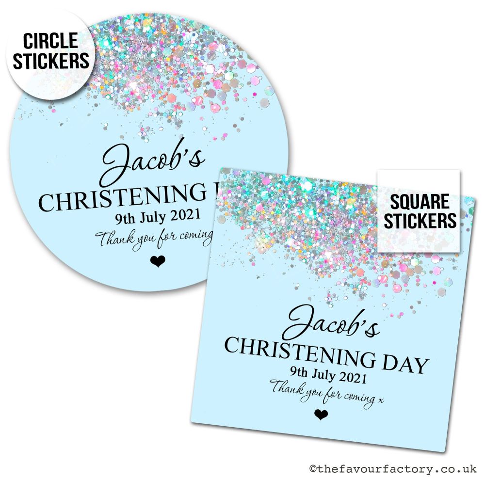 Christening Stickers Blue Glitter Confetti 1x A4 Sheet.