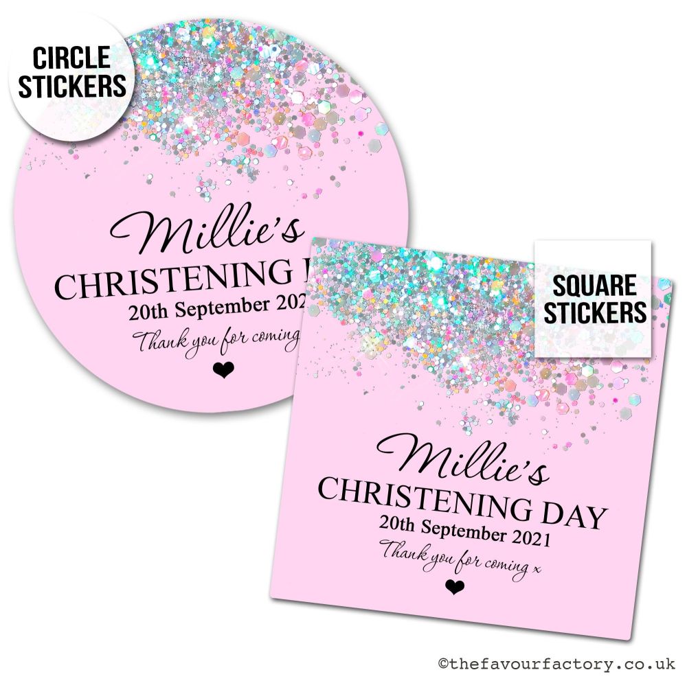 Christening Stickers Pink Glitter Confetti 1x A4 Sheet.