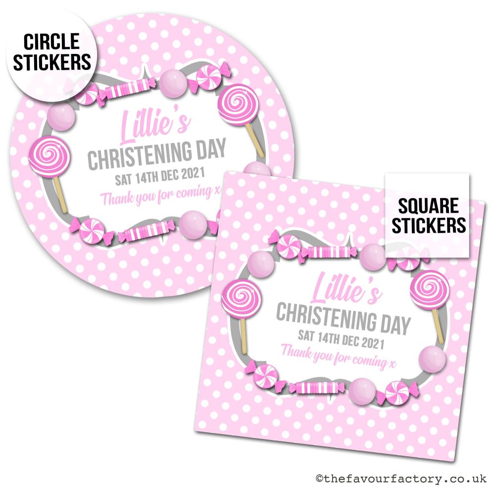 Personalised Christening Stickers Pink Sweets A4 Sheet x1