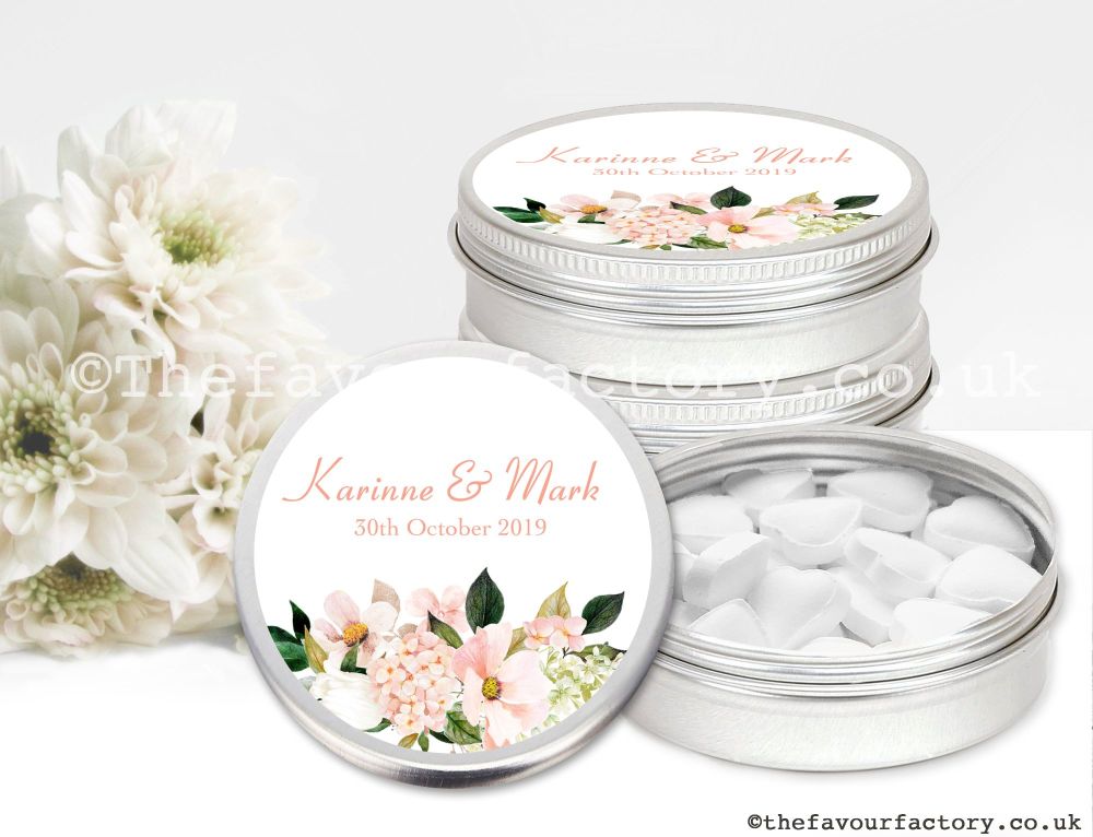 Wedding Favours Mint Tins Blush Pink Floral Hydrangea Bouquet x1