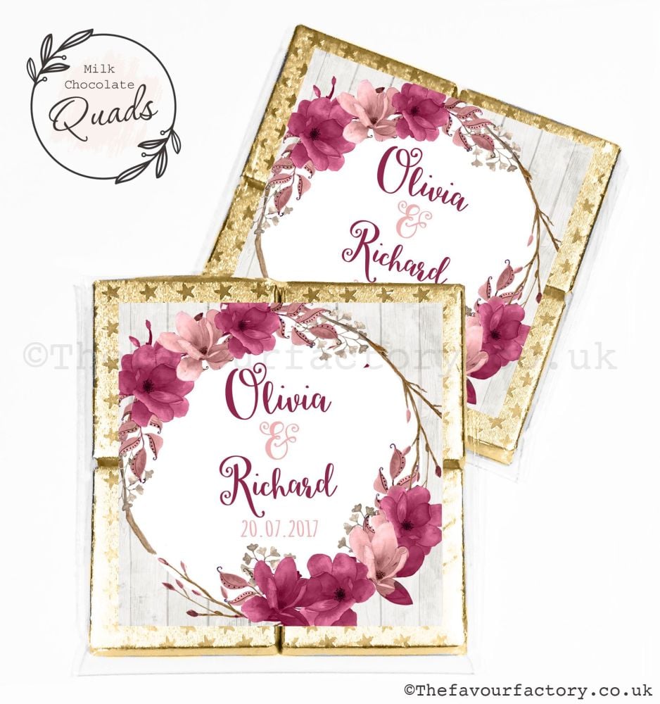 Wedding Favours Chocolate Quads Burgundy Blush Floral Wreath x1