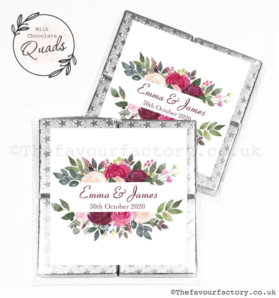 Wedding Favours Chocolate Quads Burgundy Blush Bouquet x1