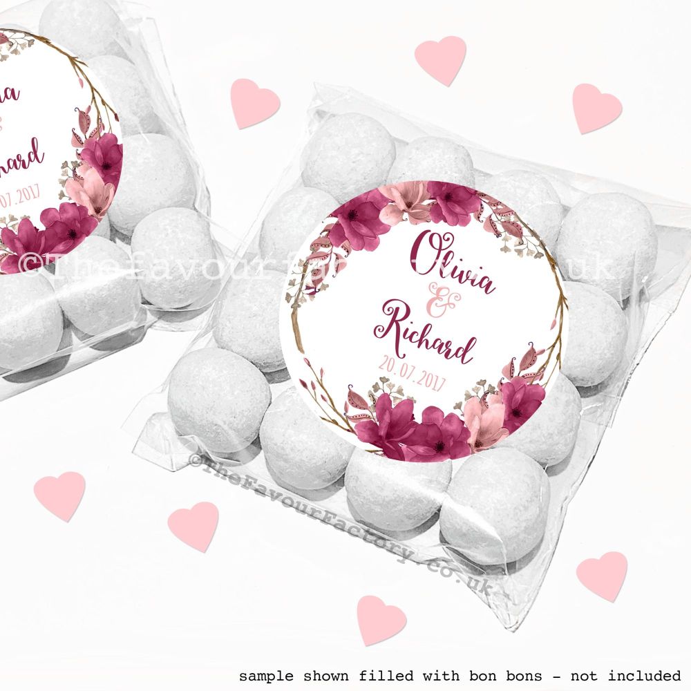 Wedding Sweet Bags Favour Kits Burgundy Blush Floral Wreath x12