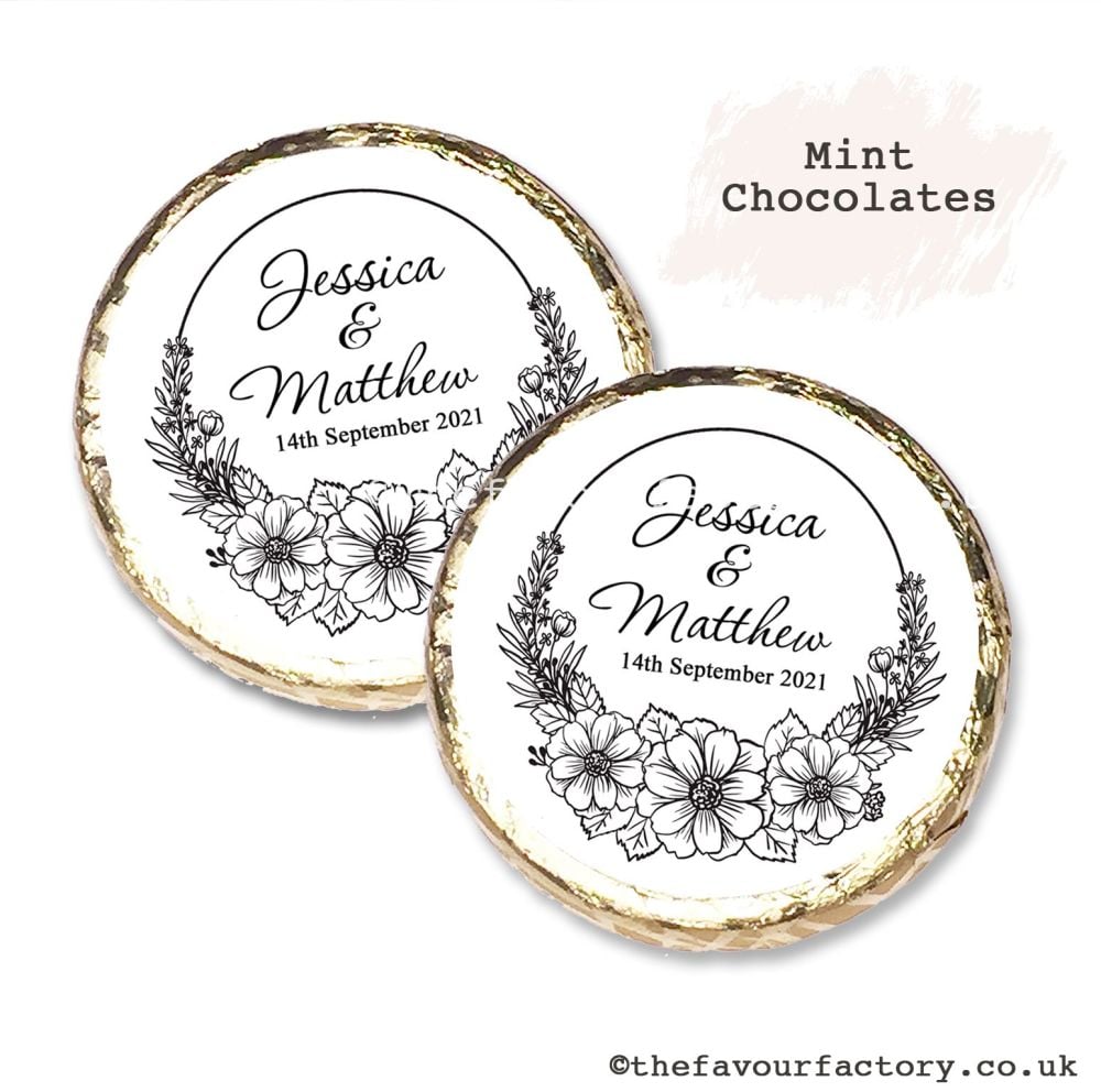 Wedding Mint Chocolates Personalised Black Line Art Floral Frame x10