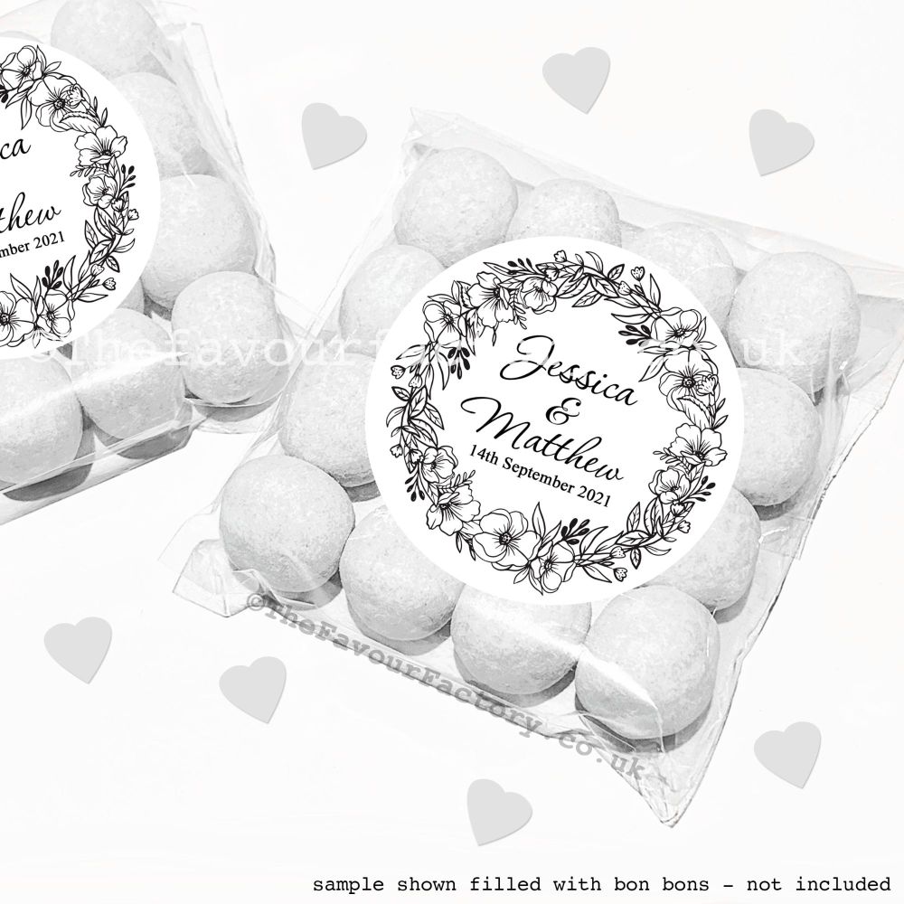 Wedding Sweet Bags Favour Kits Black Line Art Floral Wreath x12