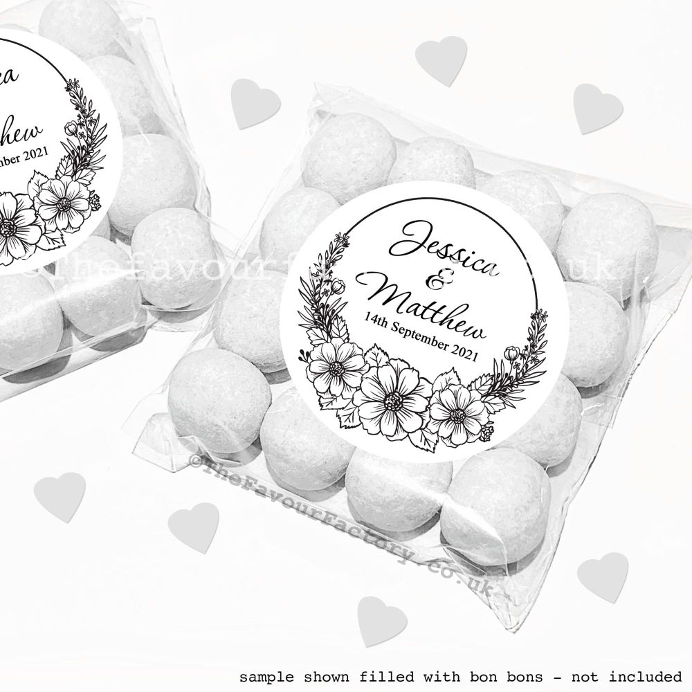 Wedding Sweet Bags Favour Kits Black Line Art Floral Frame x12