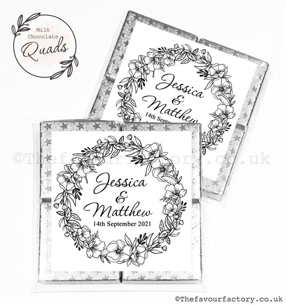 Wedding Favours Chocolate Quads Black Line Art Floral Wreath x1