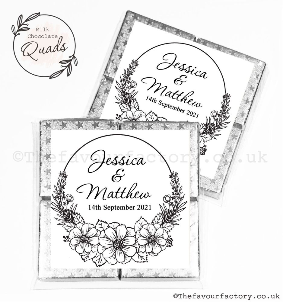 Wedding Favours Chocolate Quads Black Line Art Floral Frame x1
