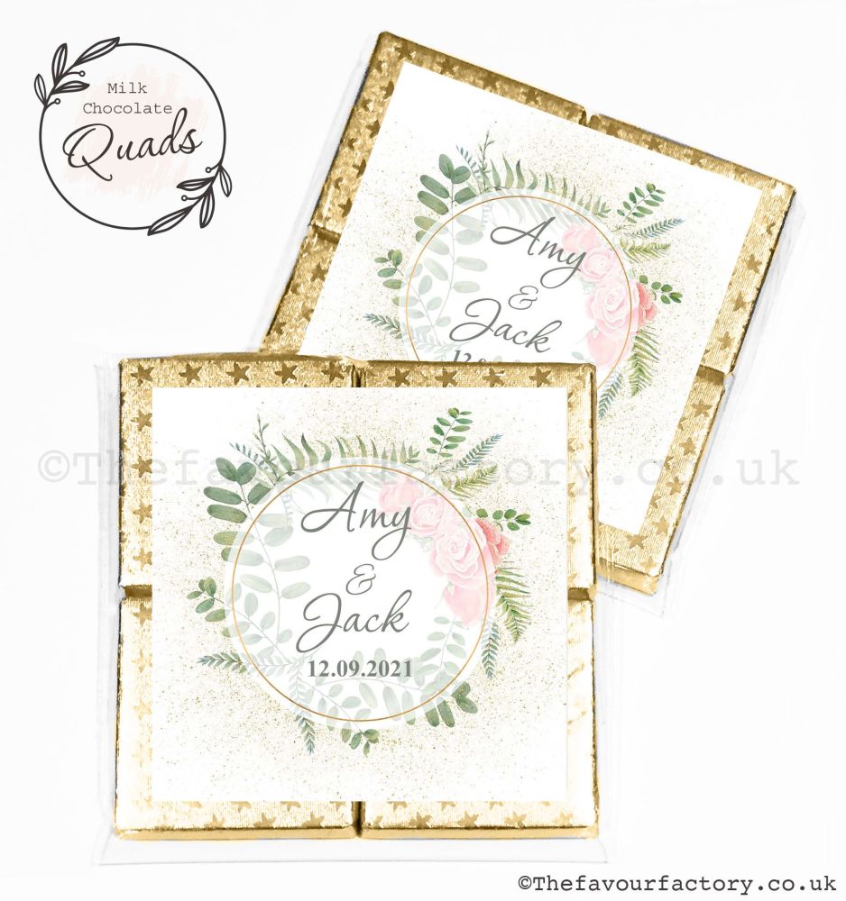 Wedding Favours Chocolate Quads Botanical Gold Dust Roses x1