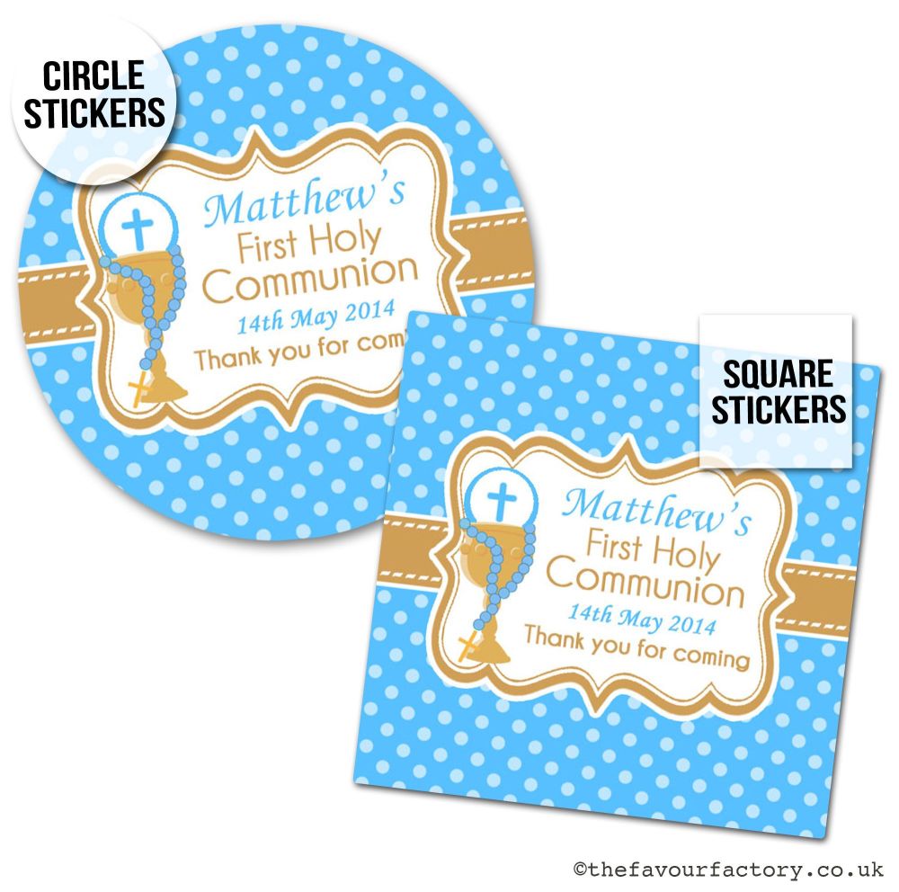 Communion Stickers Personalised Blue Chalice & Beads x1 A4 Sheet.