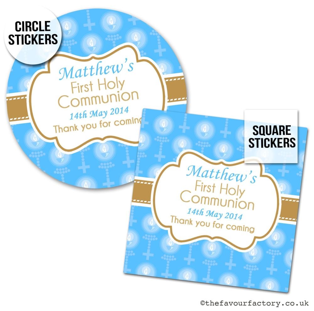 Communion Stickers Personalised Blue Beads & Candles x1 A4 Sheet.