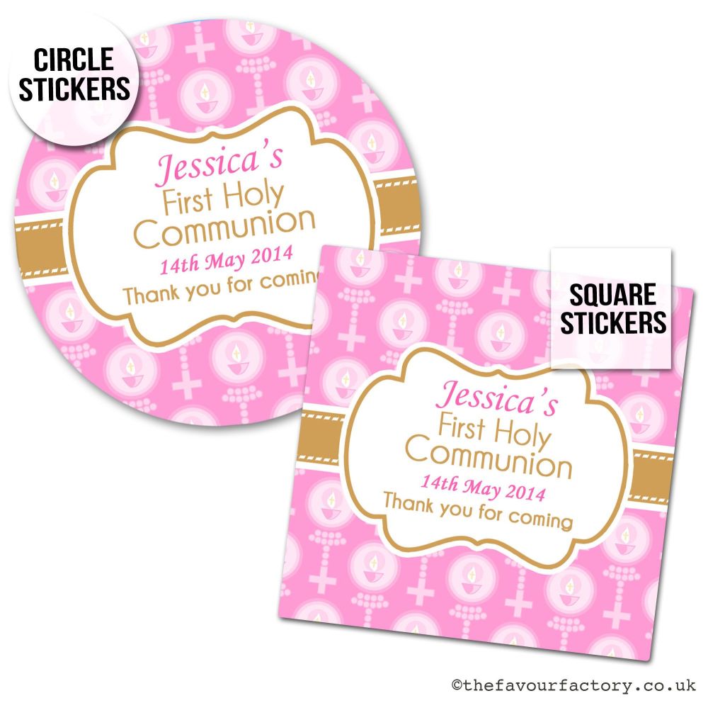 Communion Stickers Personalised Pink Beads & Candles x1 A4 Sheet.