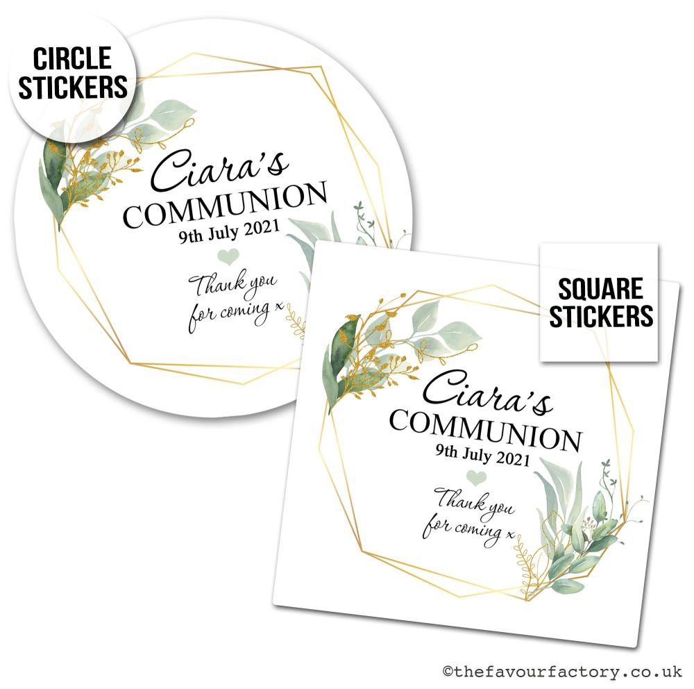 Communion Stickers Personalised Geometric Botanicals x1 A4 Sheet.