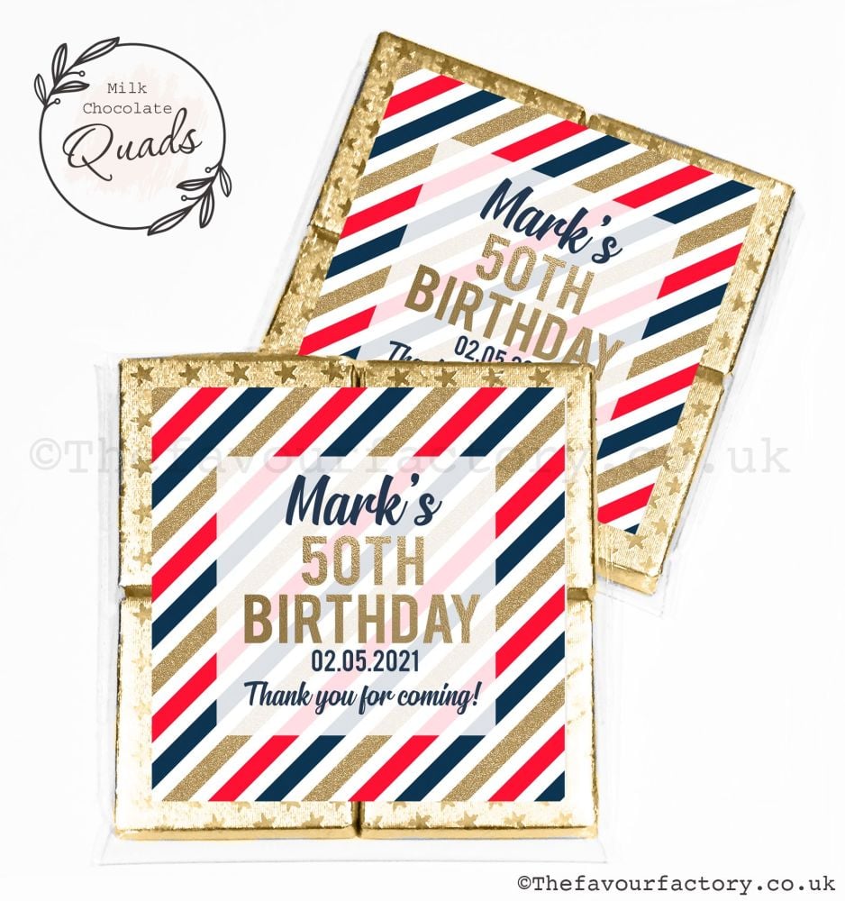 Adult Birthday Chocolate Favours Stripes Red Navy Gold x1