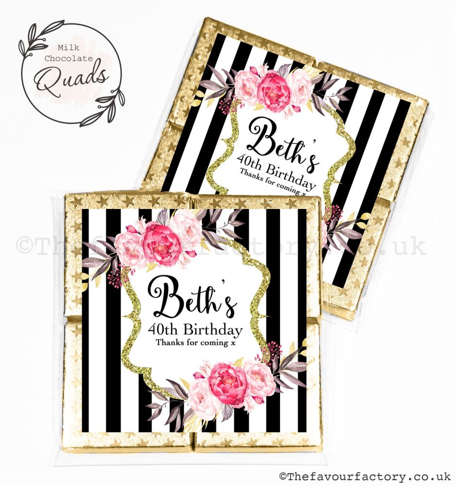 Personalised Birthday Chocolate Favours Black Stripe Flowers x1