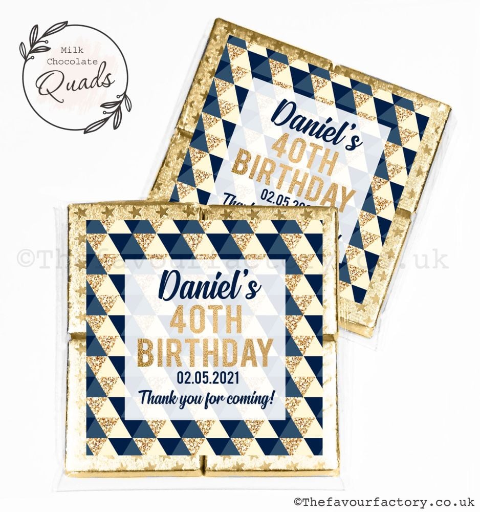 Personalised Birthday Chocolate Favours Navy Gold Geo Shapes x1