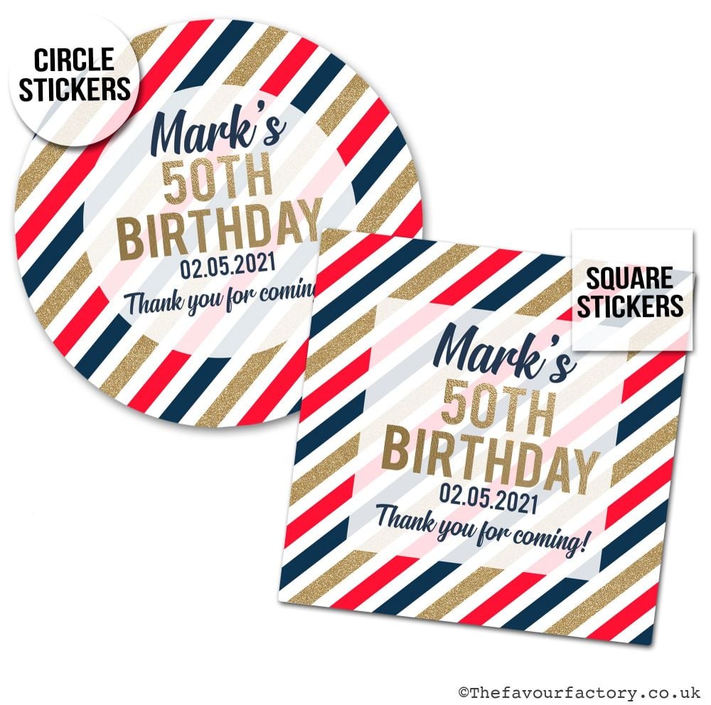 Adult Birthday Stickers Stripes Red Navy Gold.