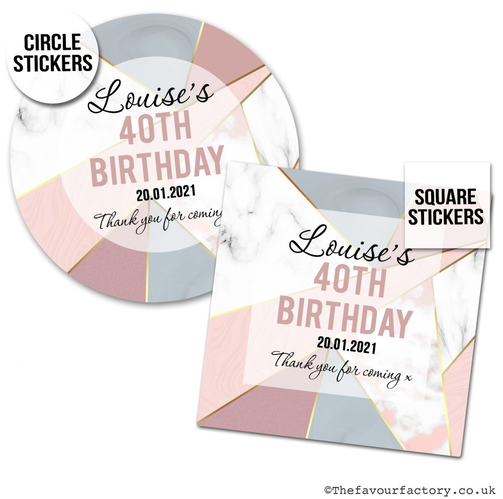Personalised Birthday Stickers Geo Marble Gold Foil Pink.