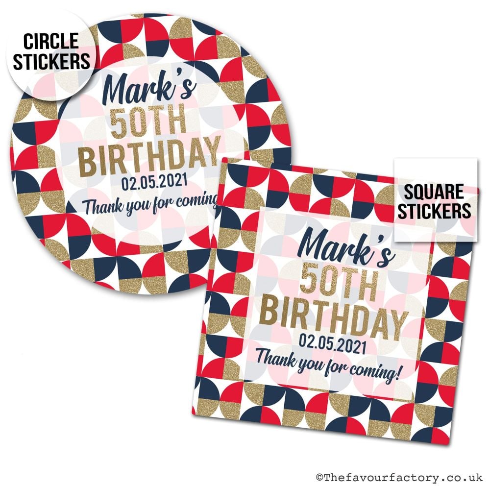 Personalised Birthday Stickers Geo Shapes Red Navy & Gold