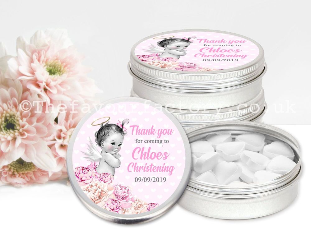 Vintage Baby Girl Personalised Christening Favours Tins x1